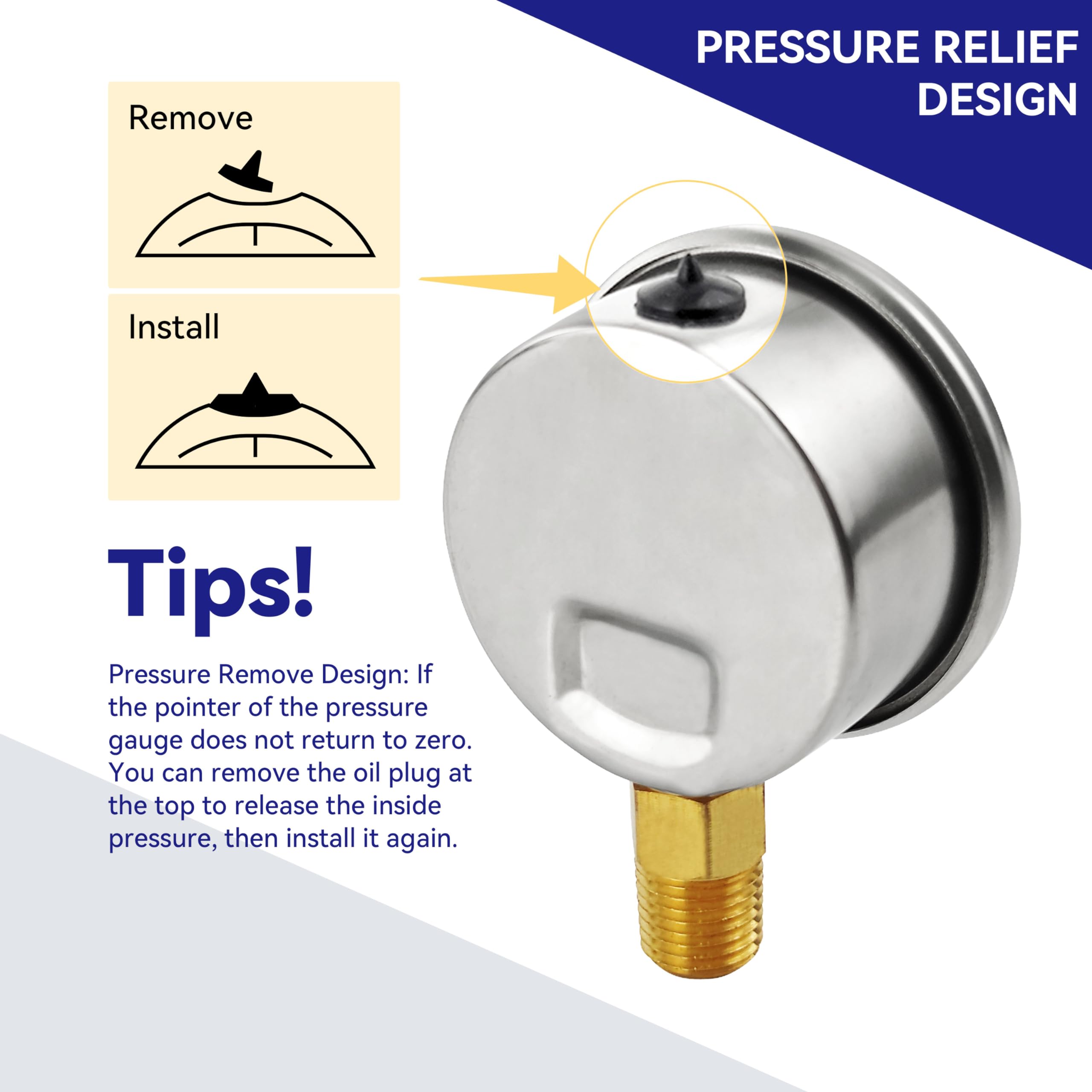 HFS(R) -30 inHg-0 PSI Vacuum Pressure Gauge Glycerin Liquid Filled, 2.5" Dial Size, 1/4" NPT Lower Mount, Stainless Steel Case, PSI and Bar Dual Scale - Image 5